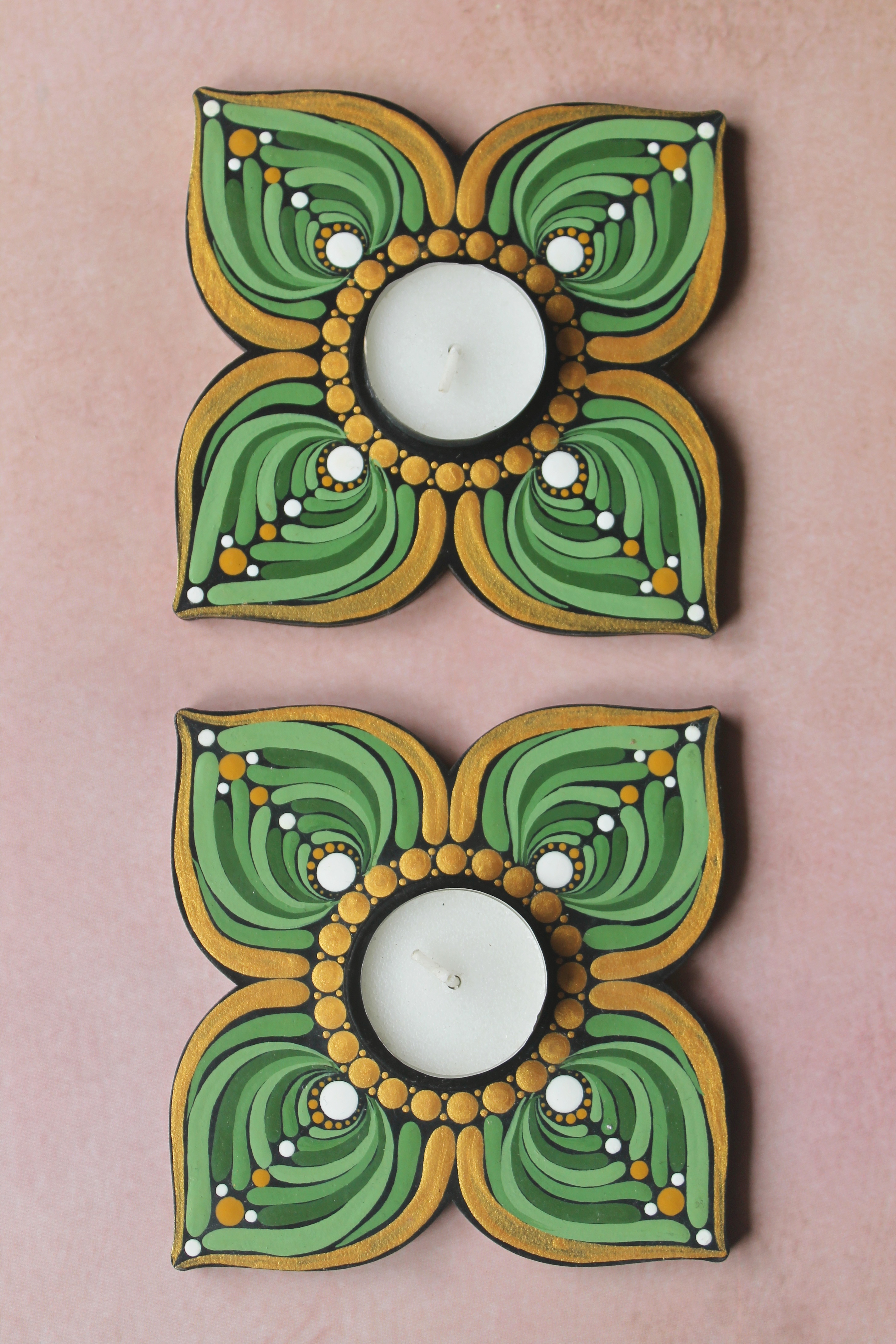 Green floral hand-painted dot mandala tealight holders