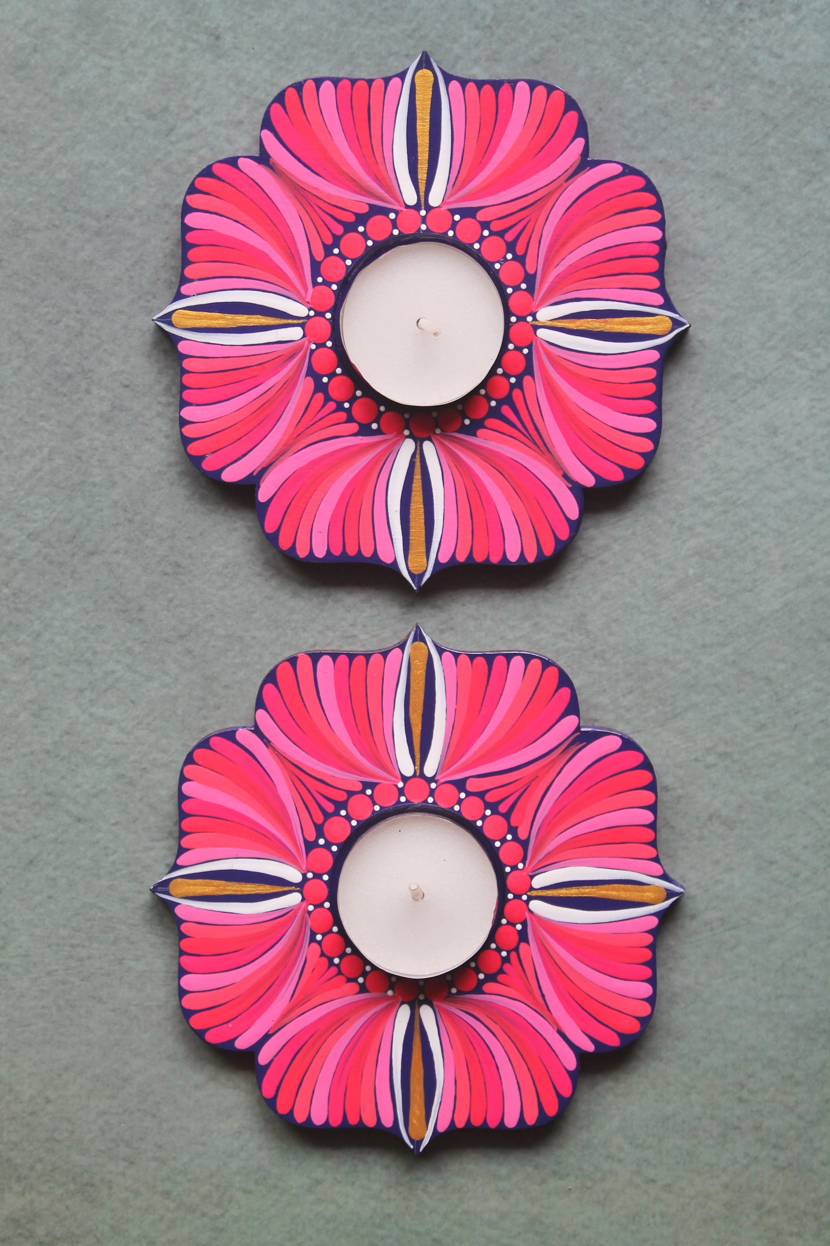 Pink floral hand-painted dot mandala tealight holders