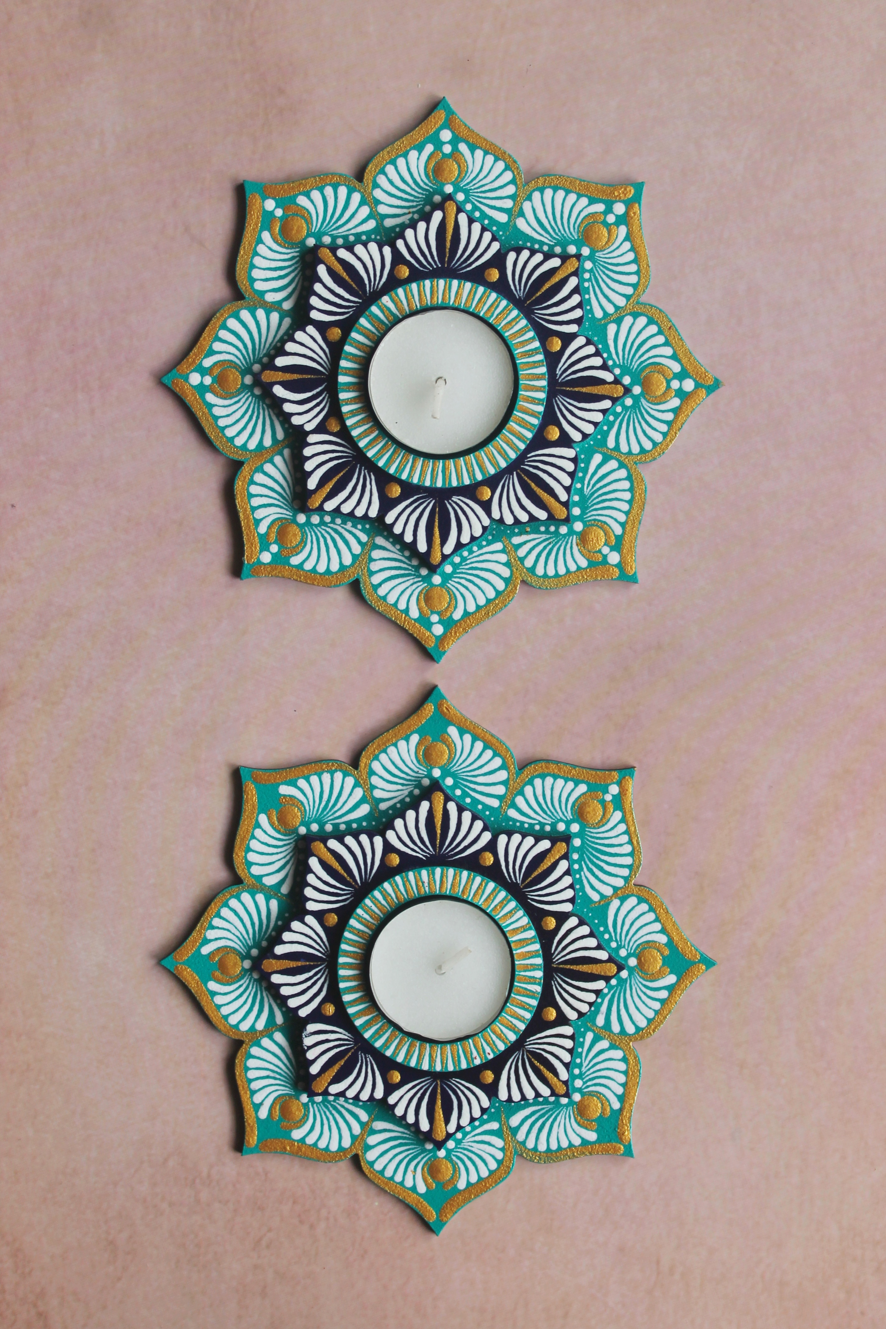 Teal floral hand-painted dot mandala tealight holders