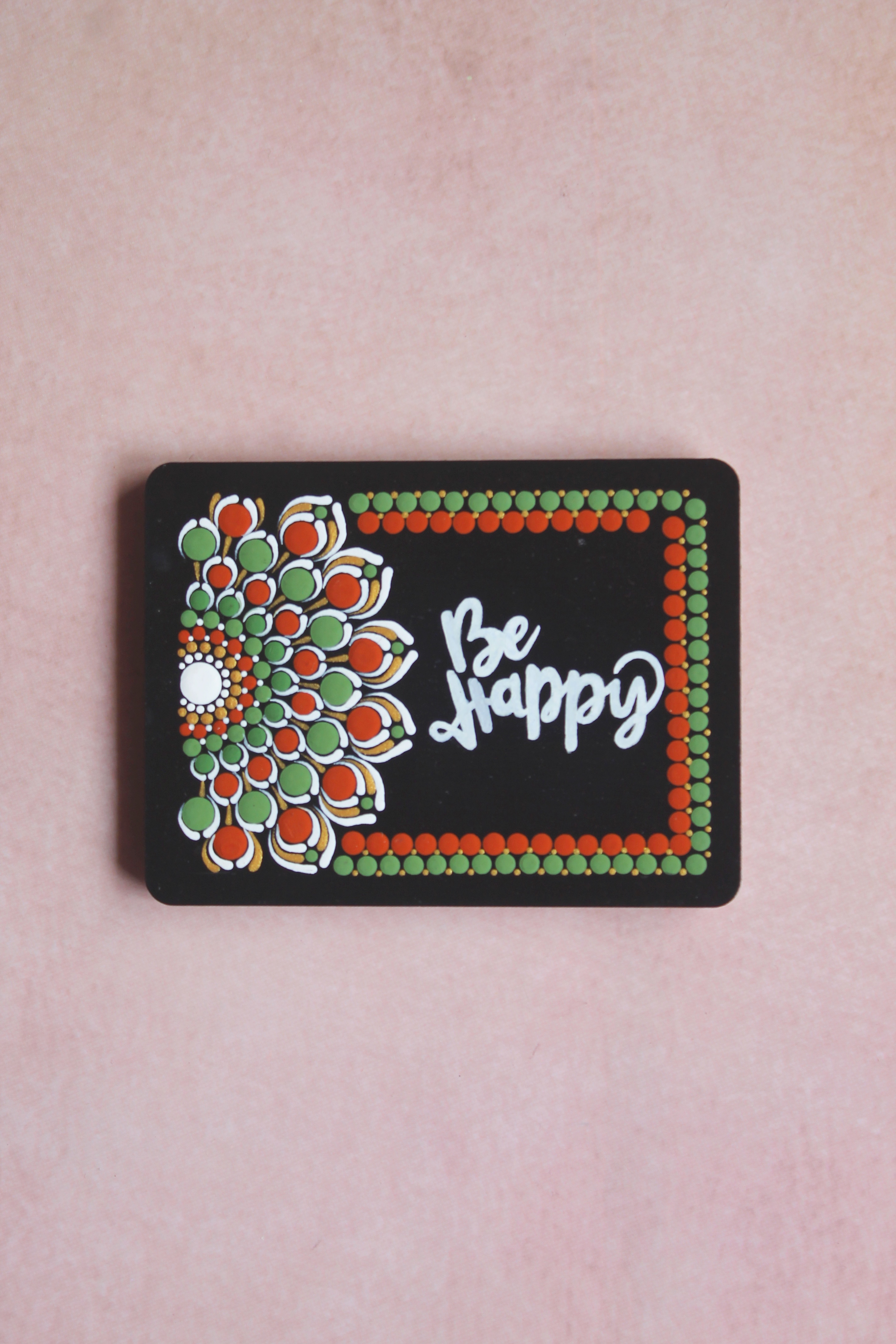 Be Happy floral hand-painted dot mandala square fridge magnet