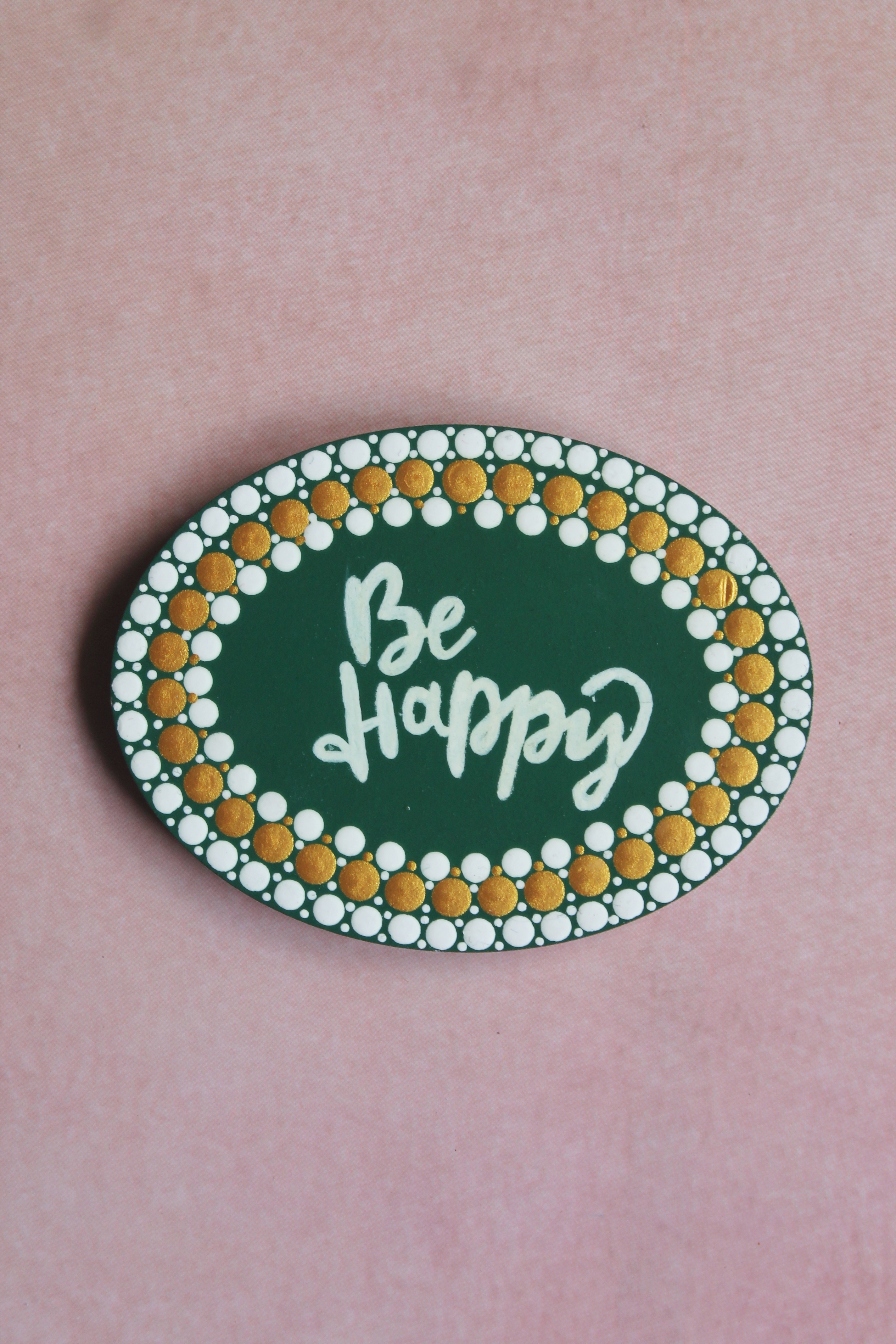 Be Happy hand-painted dot mandala oval fridge magnet