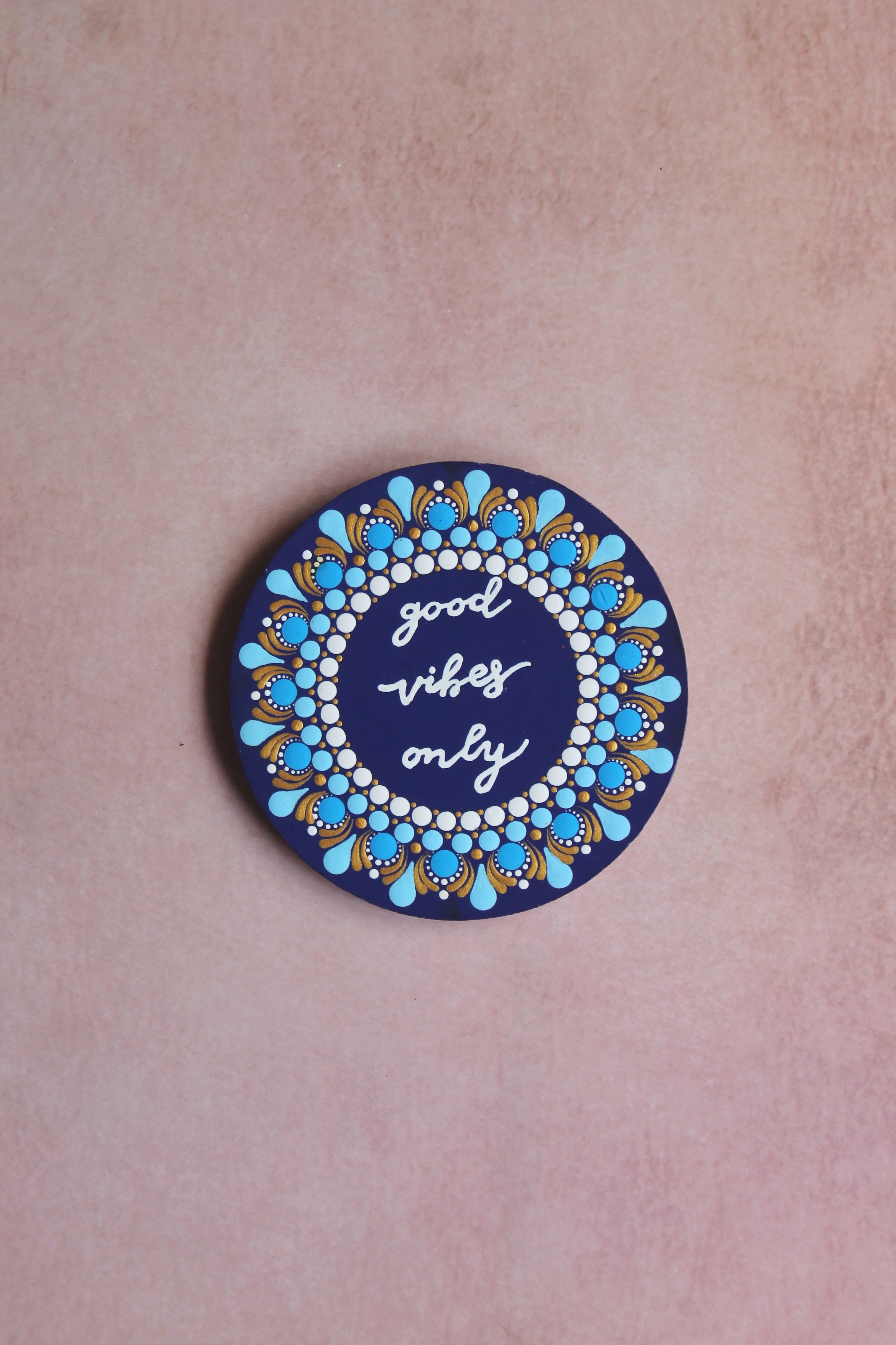 Good Vibes hand-painted dot mandala round fridge magnet