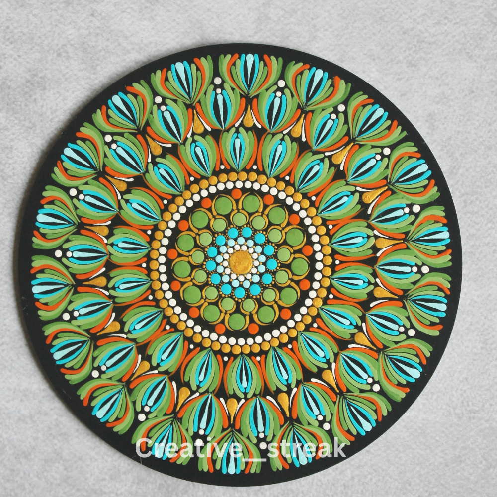 Emerald Bloom hand-painted dot mandala table decor