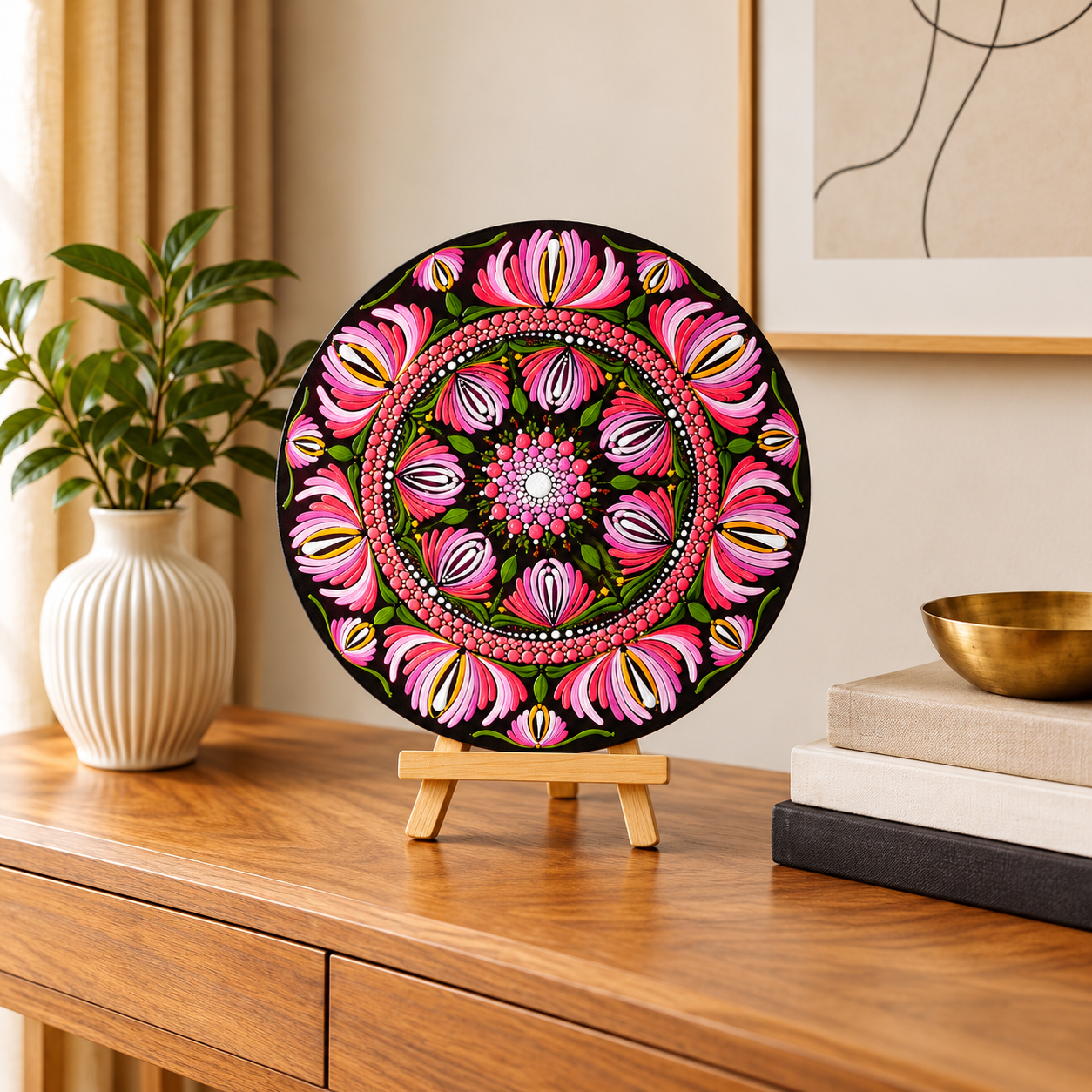 Pink floral mandala artwork on a wooden tabletop easel